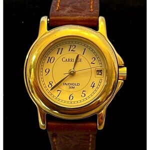 Carriage Indiglo Round Gold Tone Case and 8 inch Brown Leather and Floral Stamp